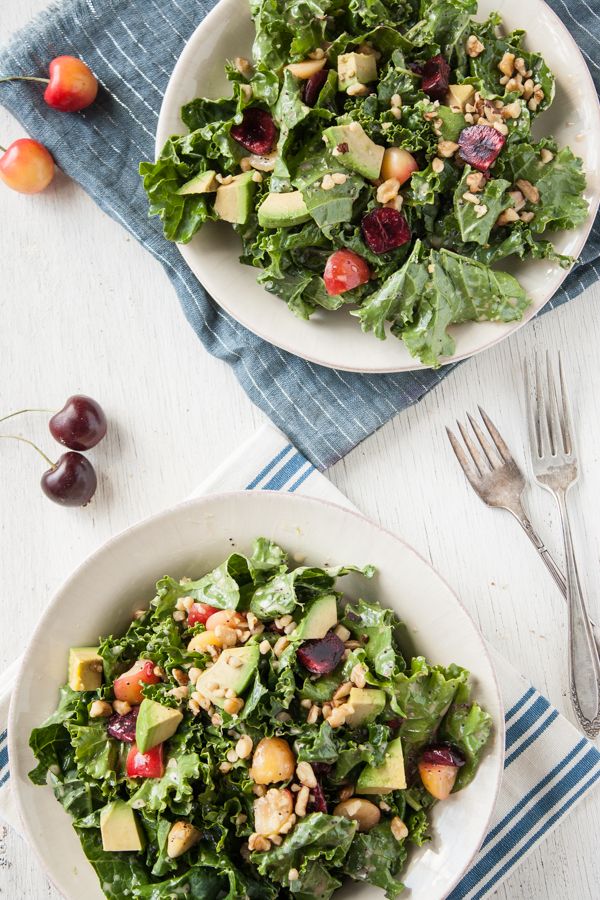 #pinmakeeat 6 | Squirrelly Minds - Kale, Cherry & Avocado Salad with Lemon Poppy Seed Dressing from Dishing Up the Dirt