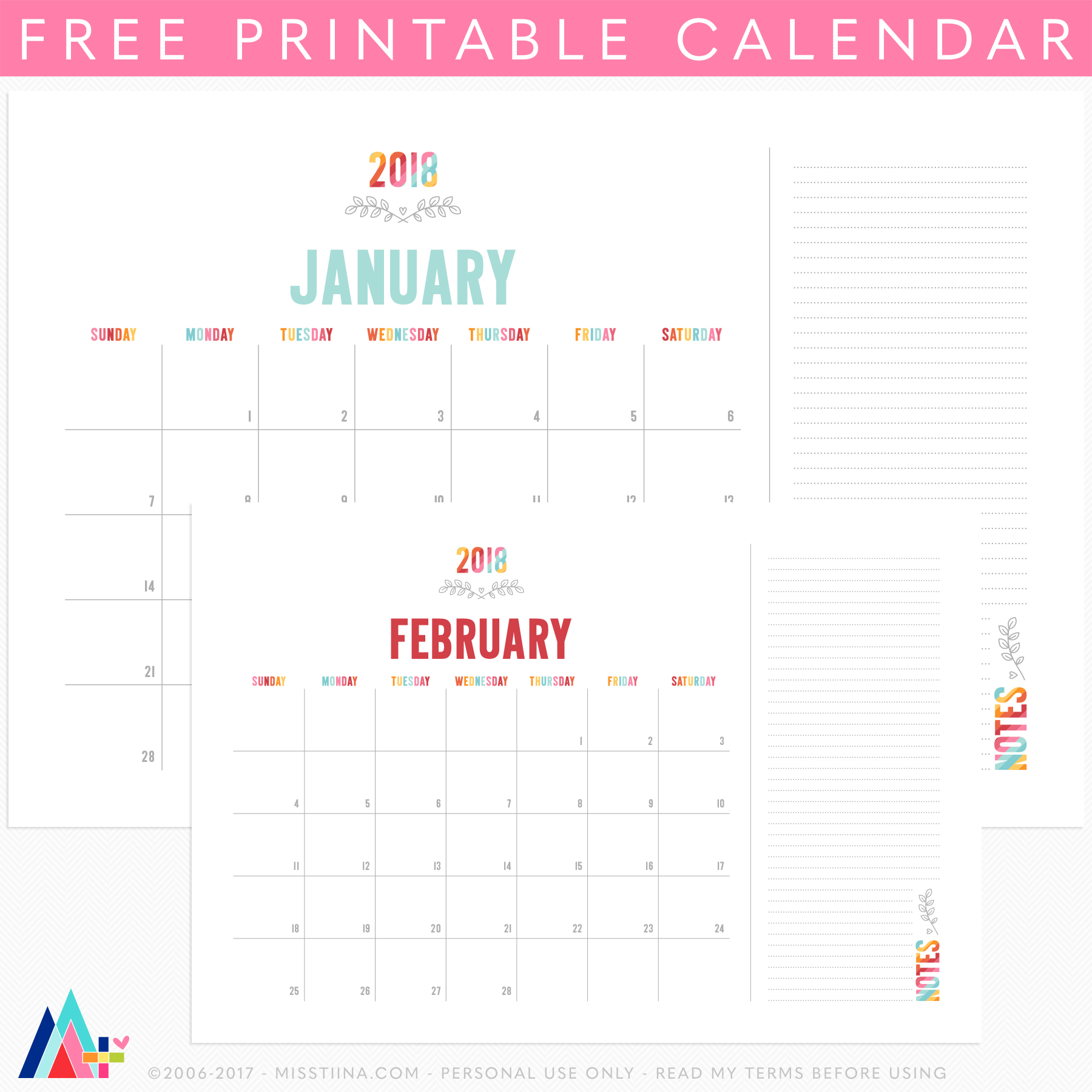 40+ Free Printable 2018 Calendars | Squirrelly Minds - Photo by Miss Tiina