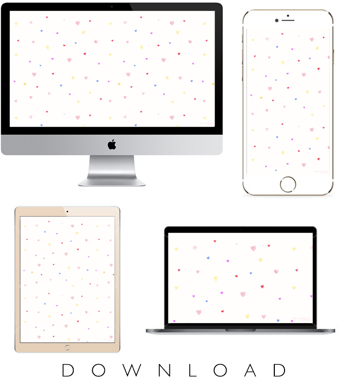 Plain white background with a mac desktop, iphone, ipad and mac laptop displaying Watercolor Hearts Valentine's Day Wallpaper with the text Download on the bottom