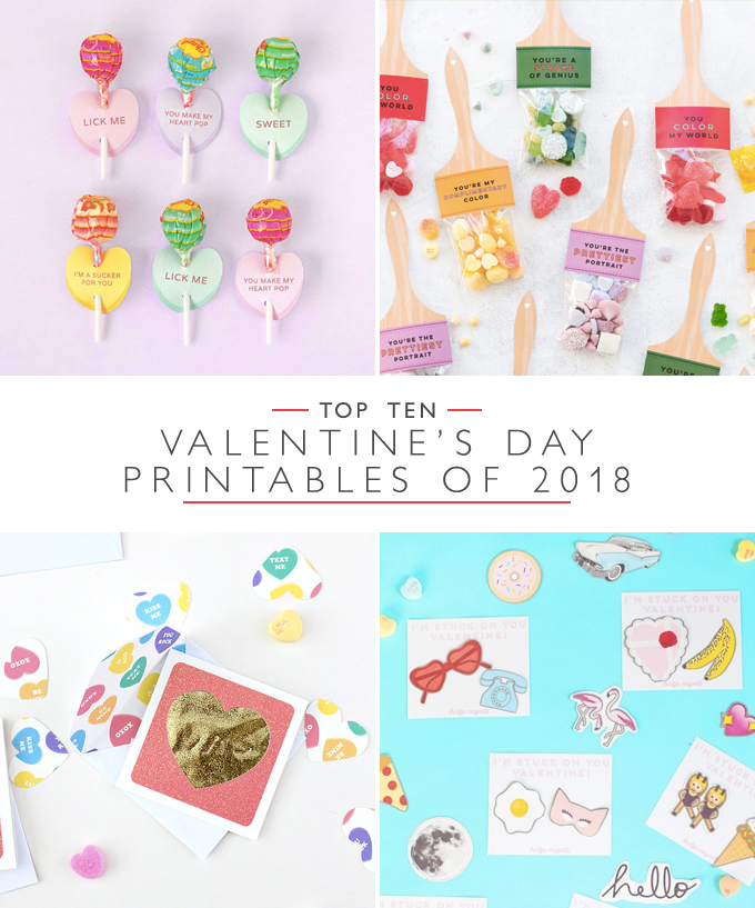 Four pictures of various valentine's day cards and candy - top 10 valentine's day printables of 2018